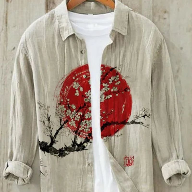 Unique men's cultural fashion shirt, long sleeve, button-up, with vintage Japanese Great Wave art print.