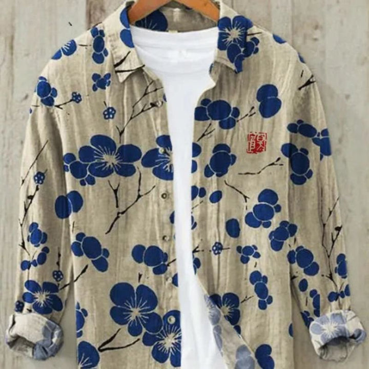 Stylish men's summer art shirt, long sleeve, showcasing a vintage Japanese Great Wave print, casual wear.
