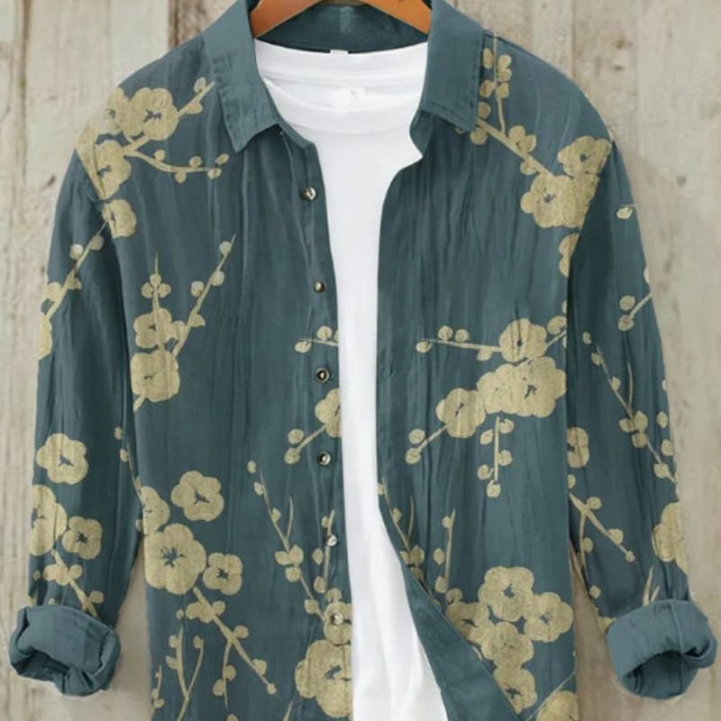 Men's fashion long sleeve top with an iconic vintage Japanese Great Wave art print, perfect for casual style.