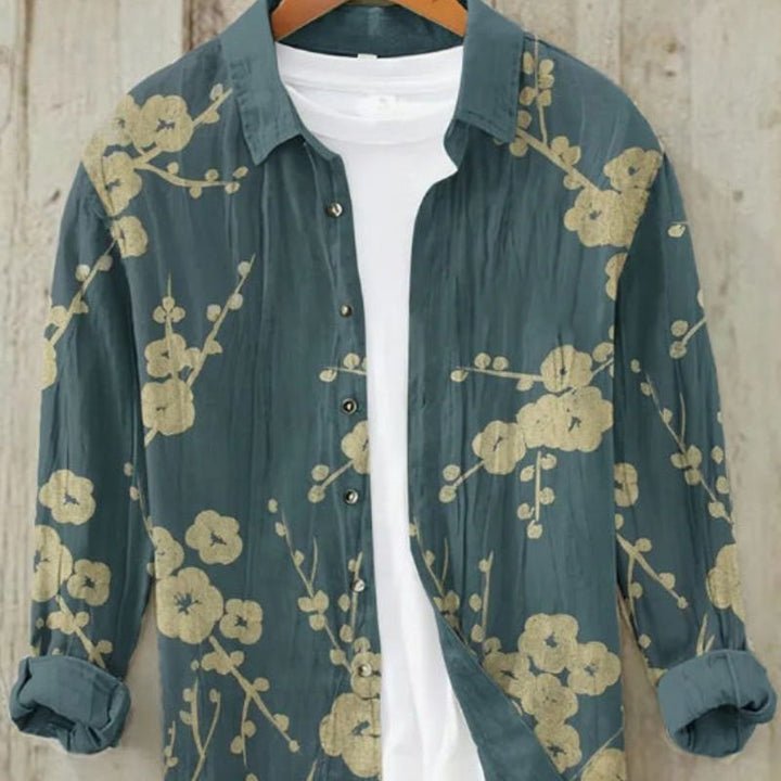 Men's fashion long sleeve top with an iconic vintage Japanese Great Wave art print, perfect for casual style.