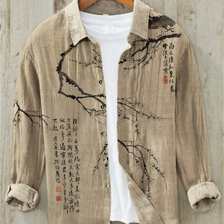 Close-up of vintage Japanese Great Wave print on a men's long sleeve art shirt, showcasing unique design.