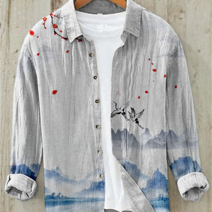 Full view of men's button-up long sleeve shirt, vintage Japanese Great Wave art print, casual and stylish.