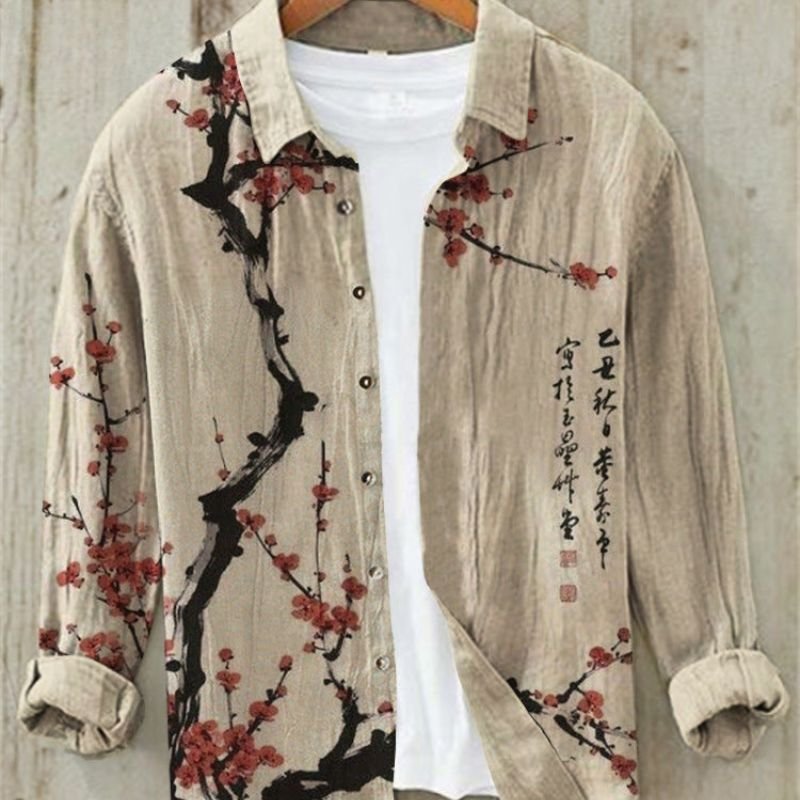 Man wearing a vintage Japanese Great Wave art print long sleeve shirt, cultural fashion, unique design.