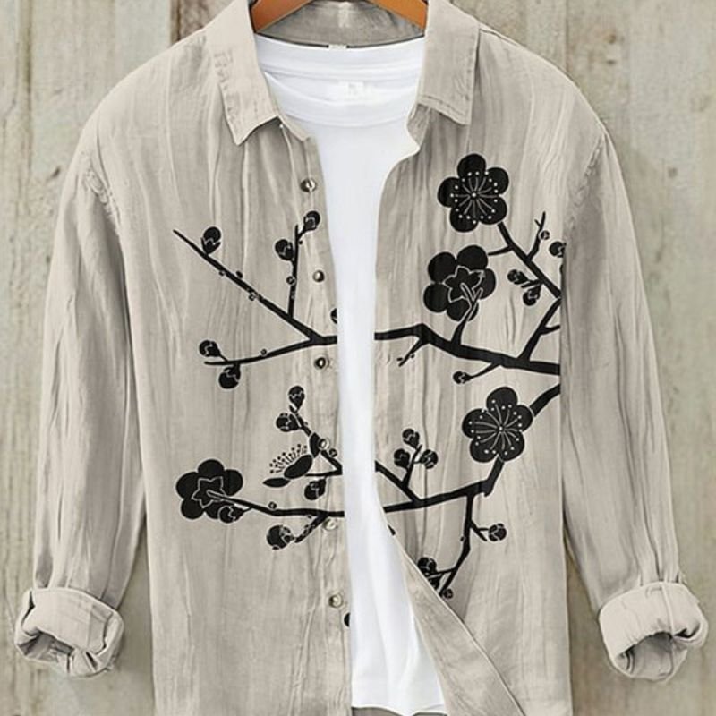 Textured long sleeve men's top featuring a vintage Japanese Great Wave art print, comfortable and stylish.