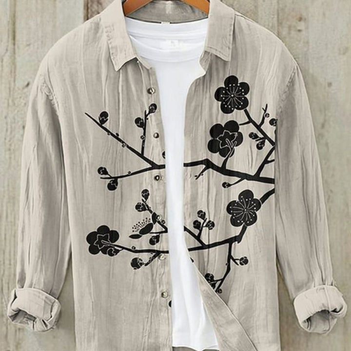 Textured long sleeve men's top featuring a vintage Japanese Great Wave art print, comfortable and stylish.