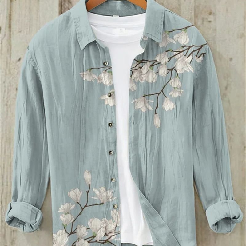 Versatile men's long sleeve Japanese Great Wave art print shirt, vintage style, ideal for casual fashion.
