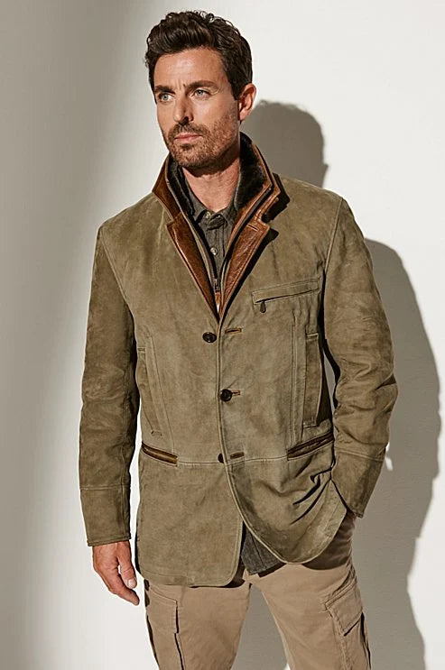 Men's vintage khaki jacket with reversed collar, offering classic style & versatile smart-casual outerwear.