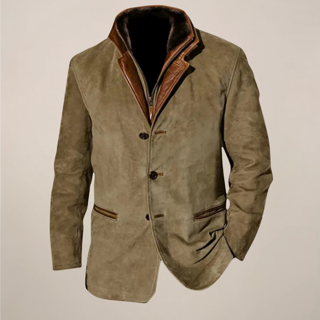 Stylish men's classic vintage jacket, a tailored khaki outerwear piece for everyday wear & smart-casual fashion.