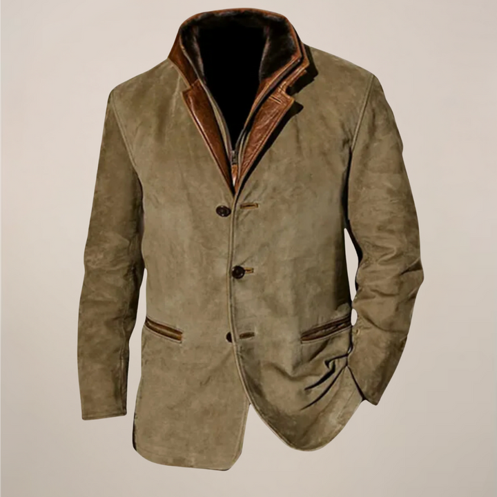 Stylish men's classic vintage jacket, a tailored khaki outerwear piece for everyday wear & smart-casual fashion.