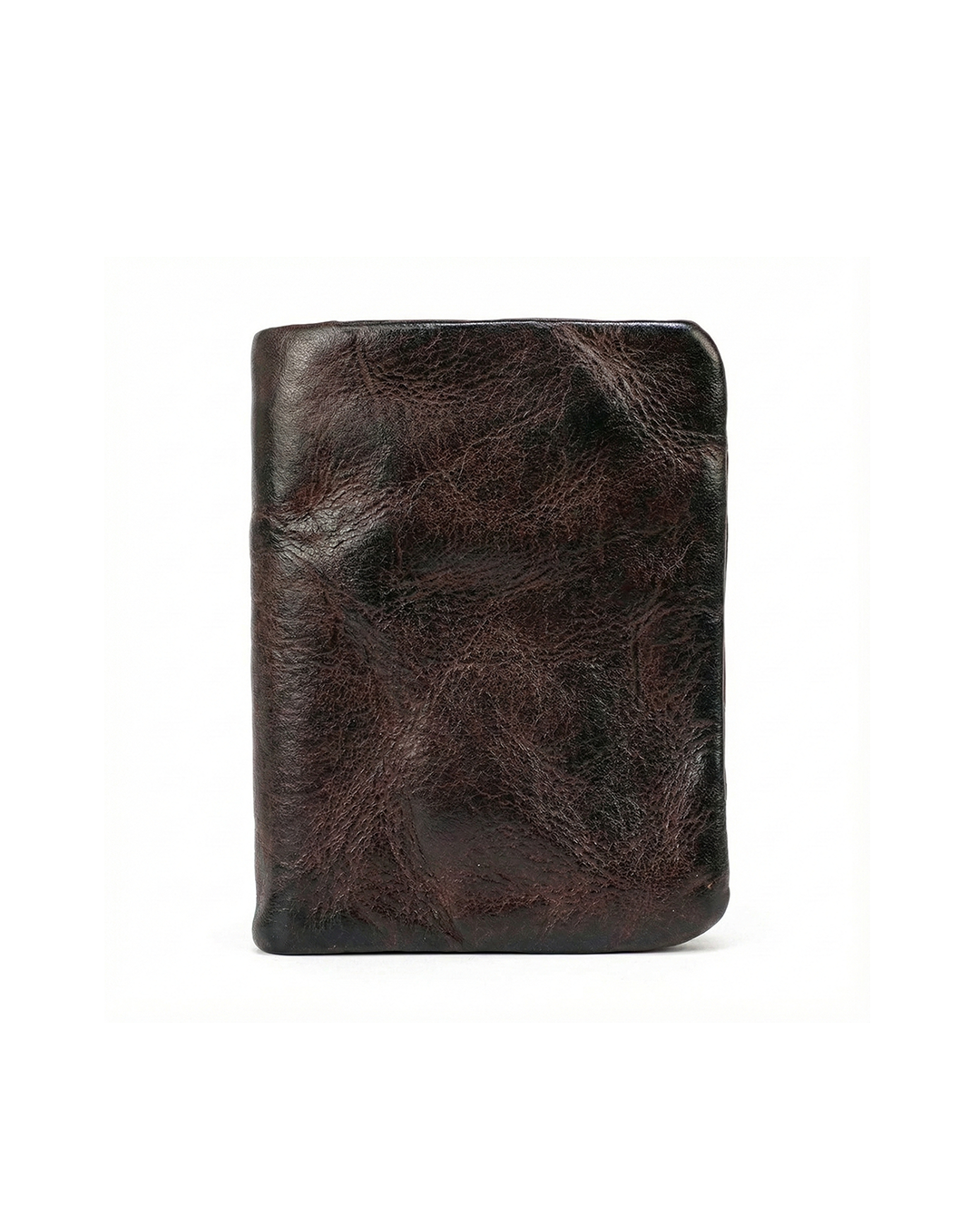 Men's vintage leather bifold wallet, slim & durable. Everyday carry essential with secure snap closure.