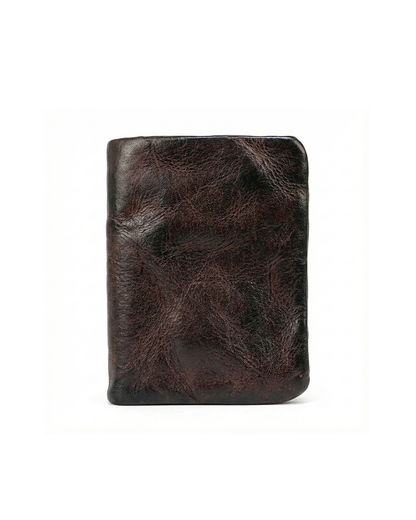 Men's vintage leather bifold wallet, slim & durable. Everyday carry essential with secure snap closure.