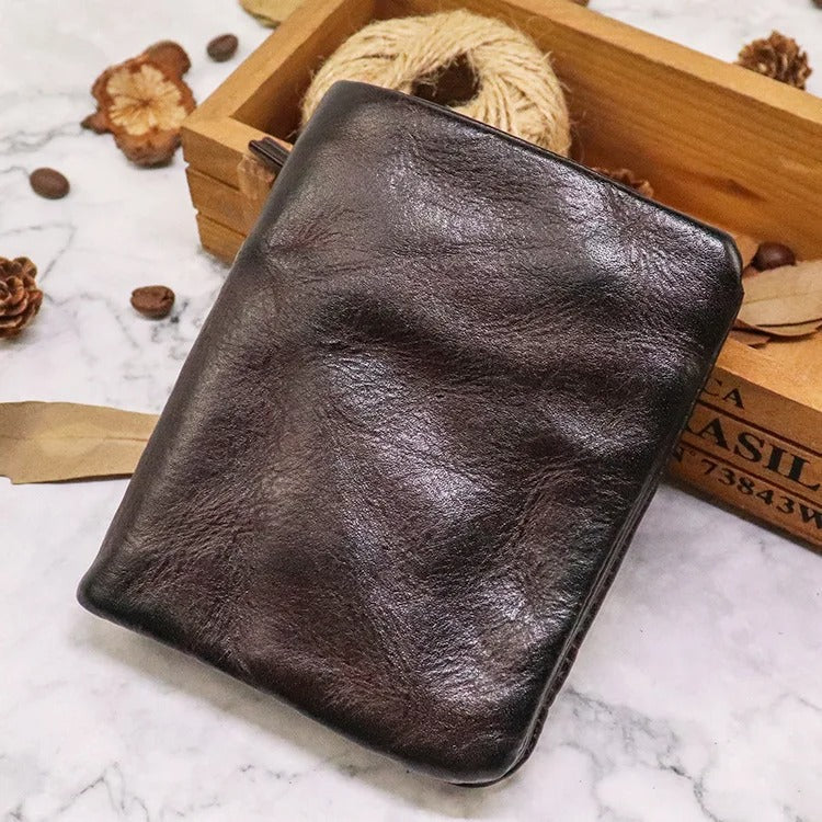 Rugged brown vintage leather bifold wallet for men, built for durability and timeless style.
