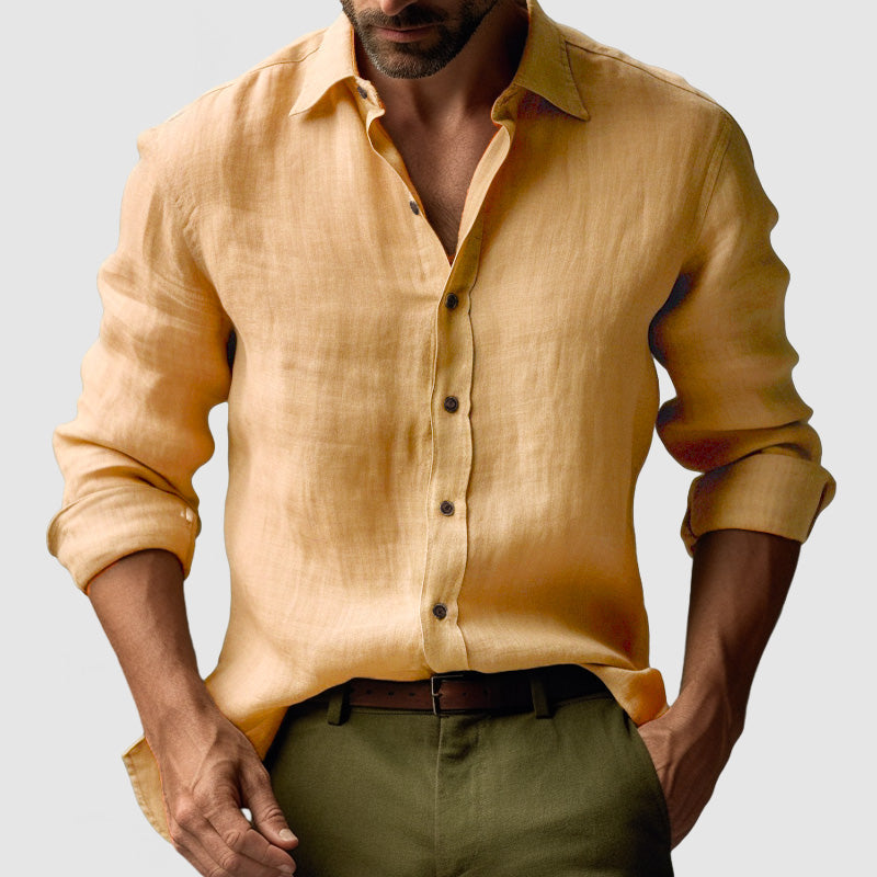 Comfortable men's vintage button-up shirt, long sleeve. Ideal smart-casual spring, summer, autumn wear. Classic men's fashion.