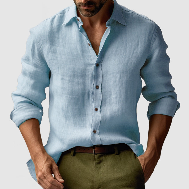 Close-up: Men's vintage long-sleeve button-up shirt collar & details. Classic smart-casual style for versatile fashion.