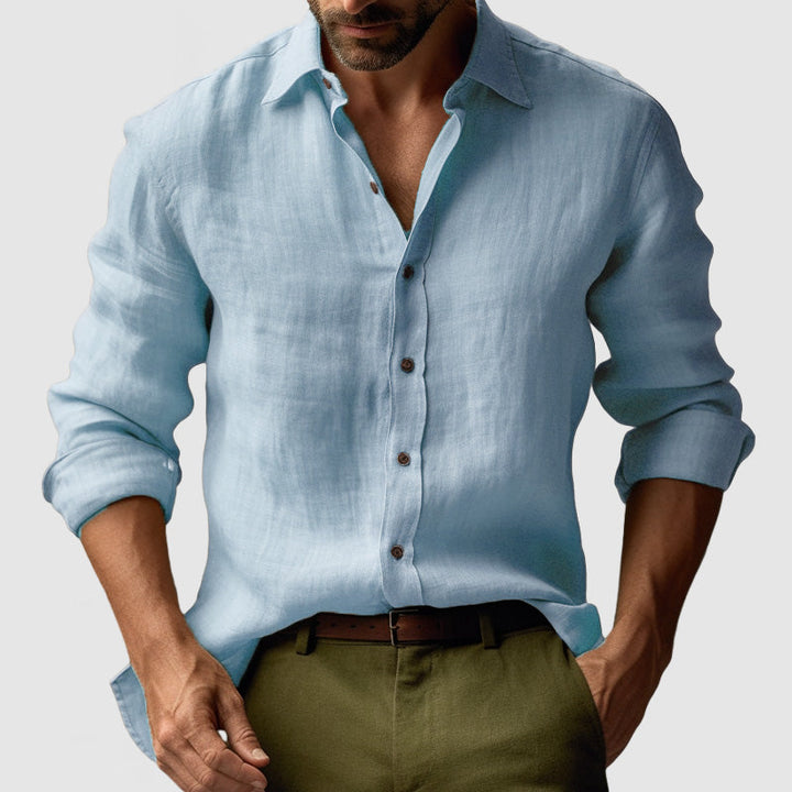 Close-up: Men's vintage long-sleeve button-up shirt collar & details. Classic smart-casual style for versatile fashion.