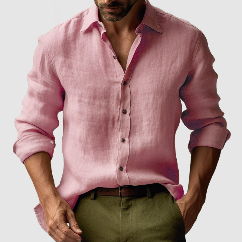 Blue men's vintage long-sleeve button-up shirt. Smart-casual, comfortable, and versatile everyday men's fashion.