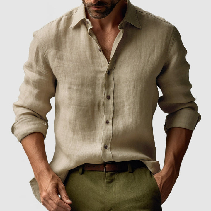 Beige men's vintage long-sleeve button-up shirt. Smart-casual men's fashion for spring, summer, autumn wear.