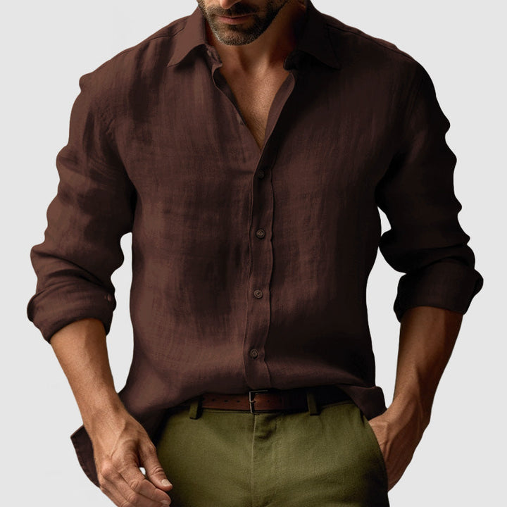 Back view: Men's vintage long-sleeve button-up shirt. Classic smart-casual style, comfortable and versatile.