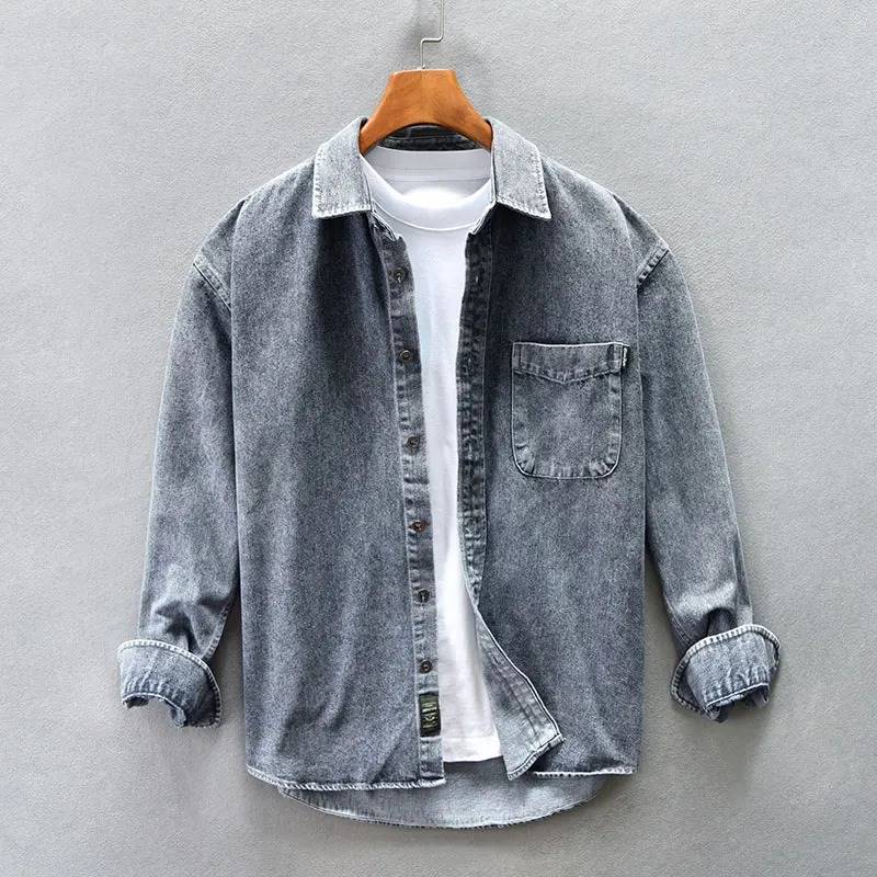 Men's vintage stone-washed long-sleeve button-up shirt in gray, perfect for casual wear & relaxed fit.