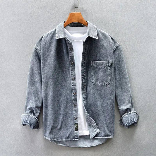 Men's vintage stone-washed long-sleeve button-up shirt in gray, perfect for casual wear & relaxed fit.