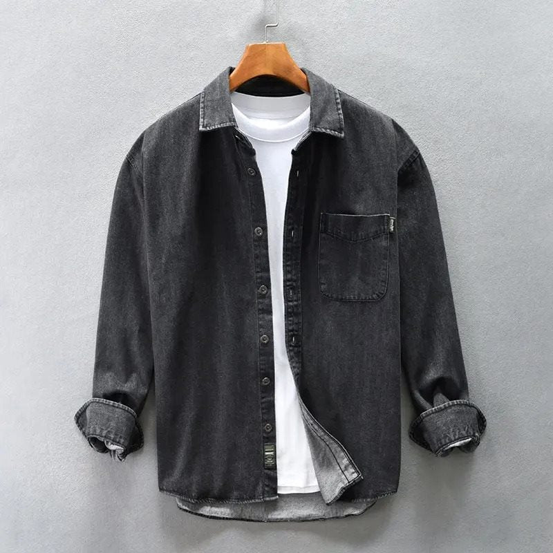 Stylish blue stone-washed men's shirt with a button-up front, offering a comfortable, casual, and vintage look.