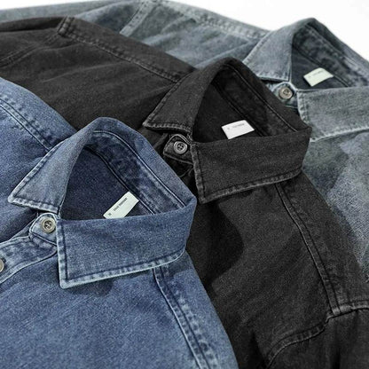 Men's casual long-sleeve vintage stone-washed button-up shirt, available in various colors for everyday wear.