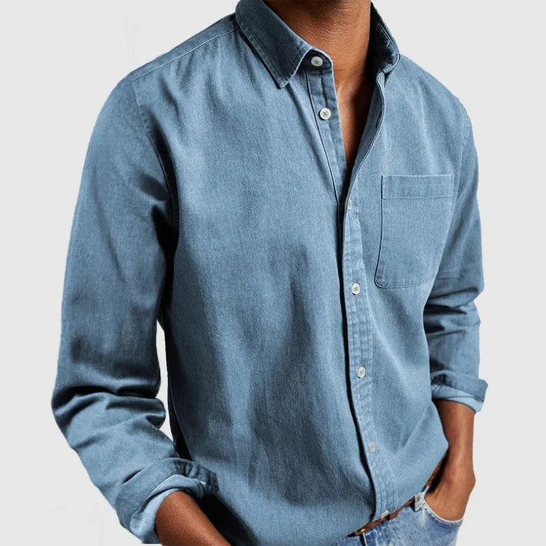 Men's vintage style chambray button-up shirt, long sleeve, relaxed fit for casual everyday wear.