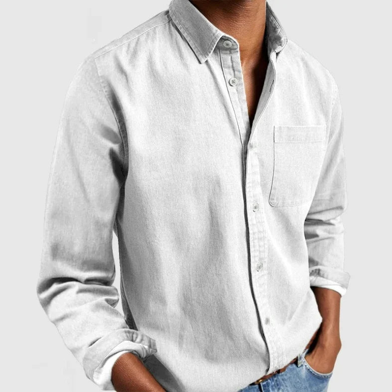 Men's casual long sleeve chambray button-up shirt, vintage style, versatile for modern men's fashion.
