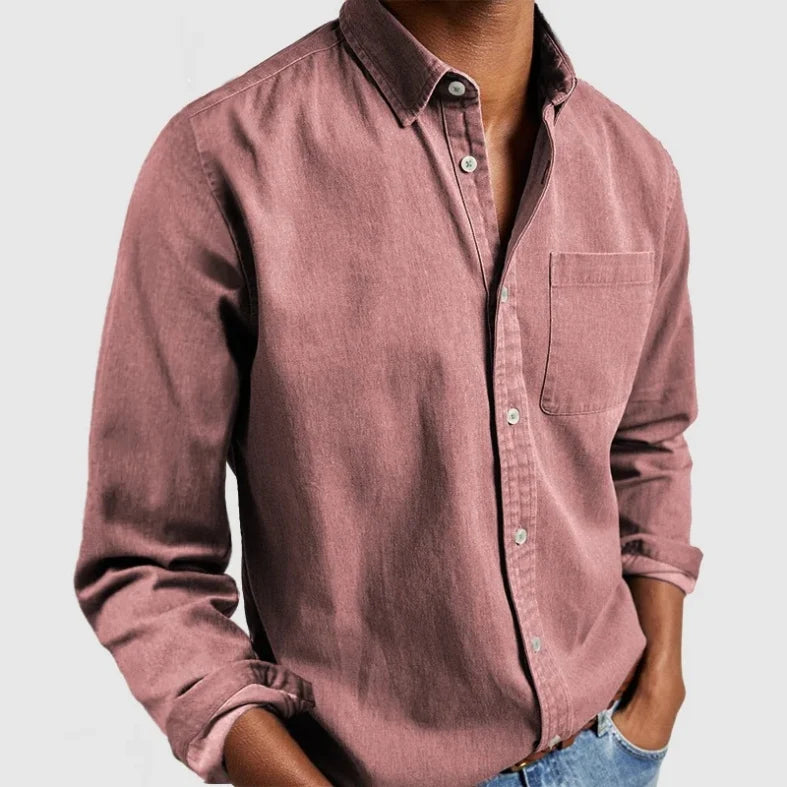 Men's vintage style long sleeve chambray button shirt, relaxed fit, casual everyday men's fashion.