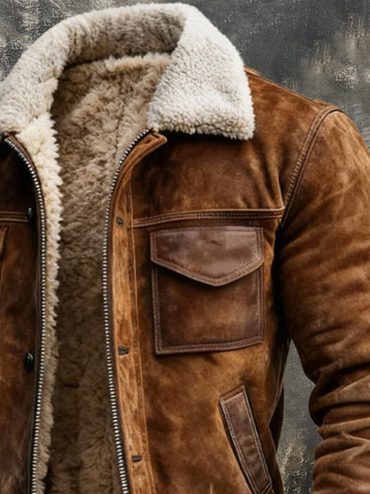 Warm men's vintage sherpa lined jacket, ideal for fall fashion, combining comfort and classic style.