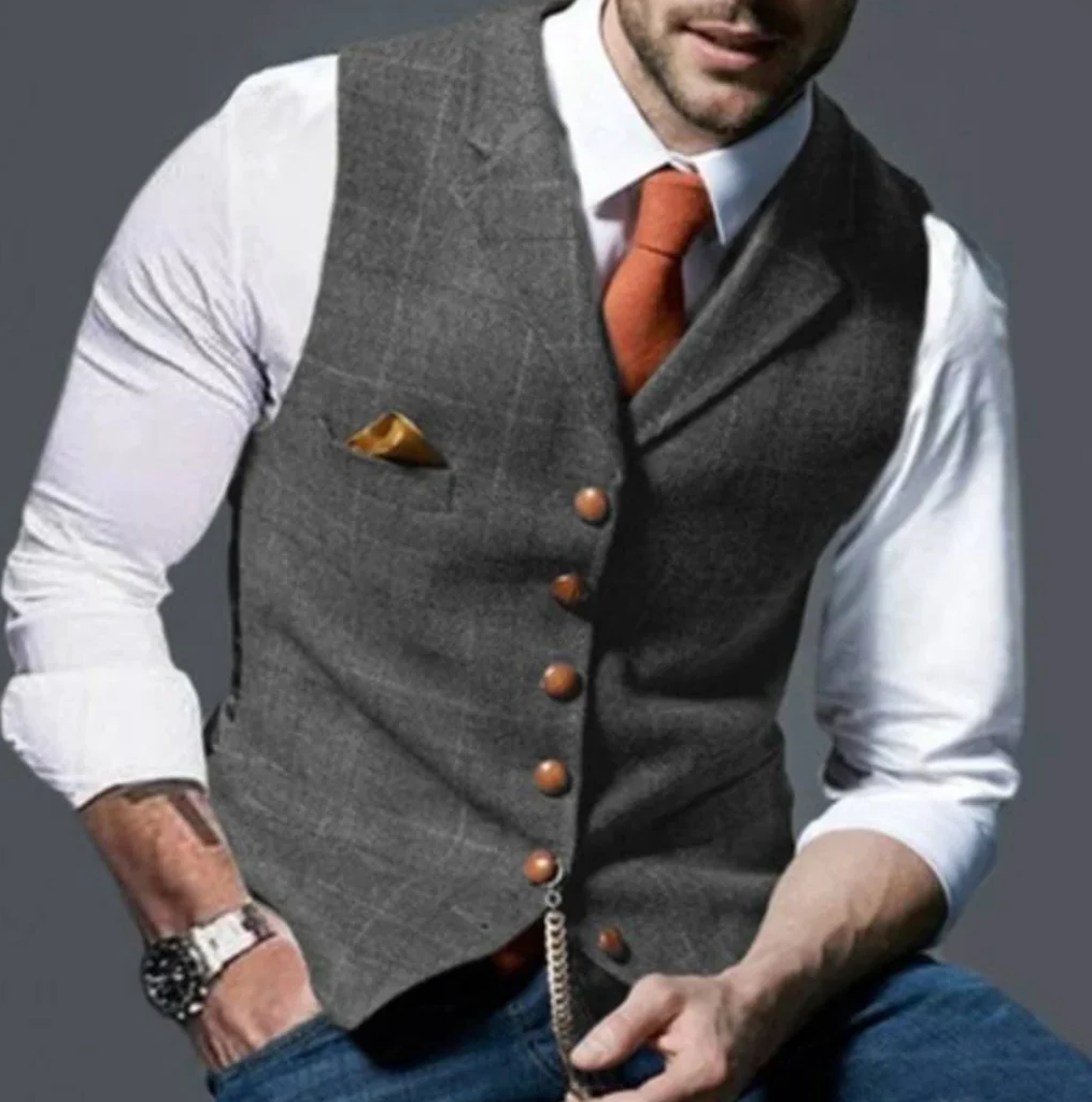 Stylish button-up vest for men, blending vintage style with modern casual elegance & layering.