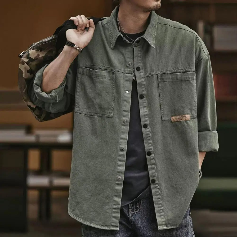 Retro long sleeve men's button-up shirt in a vintage vibe cotton blend, ideal for everyday casual wear.