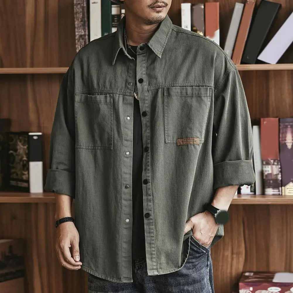 Vintage vibe men's long sleeve button-up shirt, cotton blend for a retro casual look.