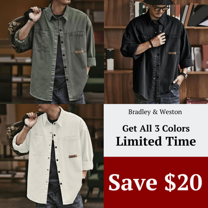 Stylish men's long sleeve vintage button-up shirt, cotton blend, exuding a classic retro casual vibe.
