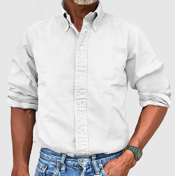 Men's vintage wash button-down shirt, long sleeve, relaxed fit for casual and business casual style.