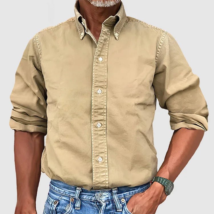 Relaxed fit men's vintage wash long sleeve button-down shirt, ideal for comfortable, stylish casual wear.