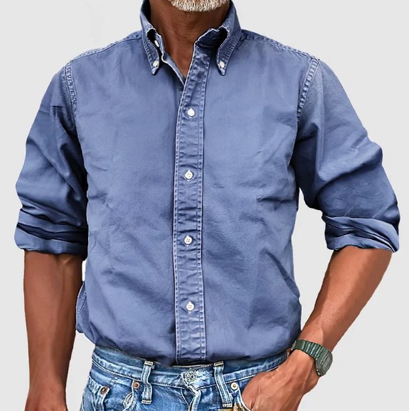 Versatile men's vintage wash long sleeve button-down shirt, suitable for casual and smart casual occasions.