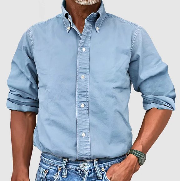 Modern men's stylish long sleeve button-down shirt with a cool vintage wash, great for everyday apparel.