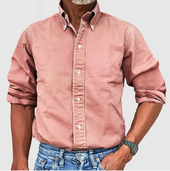 Classic men's long sleeve vintage wash button-down shirt, offering a relaxed fit for stylish casual comfort.