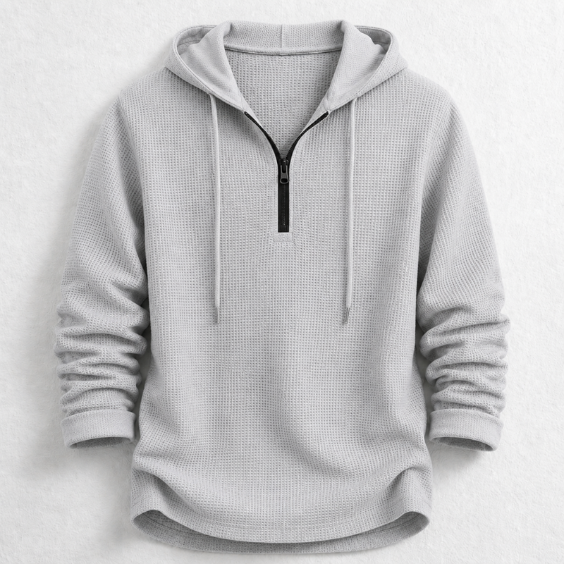 Men's waffle knit hooded henley shirt in charcoal, quarter zip, long sleeve for casual comfort.