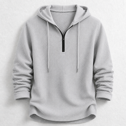 Men's waffle knit hooded henley shirt in charcoal, quarter zip, long sleeve for casual comfort.