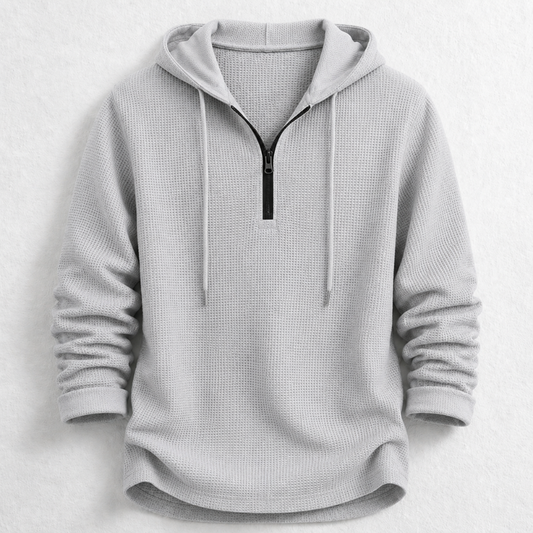 Men's waffle knit hooded henley shirt in charcoal, quarter zip, long sleeve for casual comfort.