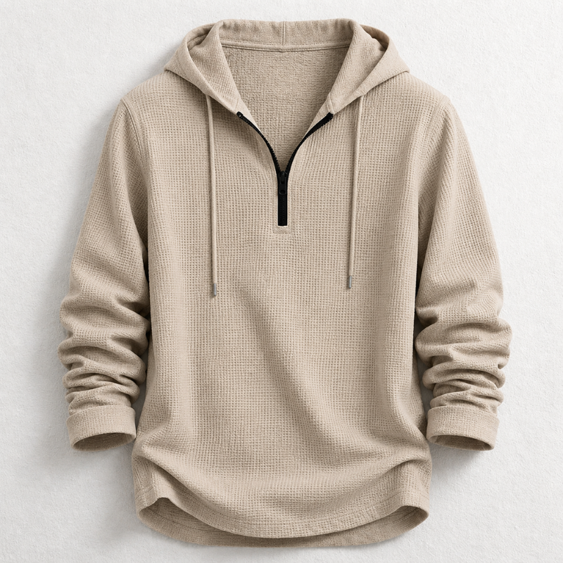 Breathable men's waffle knit hooded henley with quarter zip, long sleeve comfort fit. Perfect for casual wear.