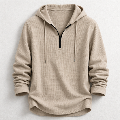 Breathable men's waffle knit hooded henley with quarter zip, long sleeve comfort fit. Perfect for casual wear.