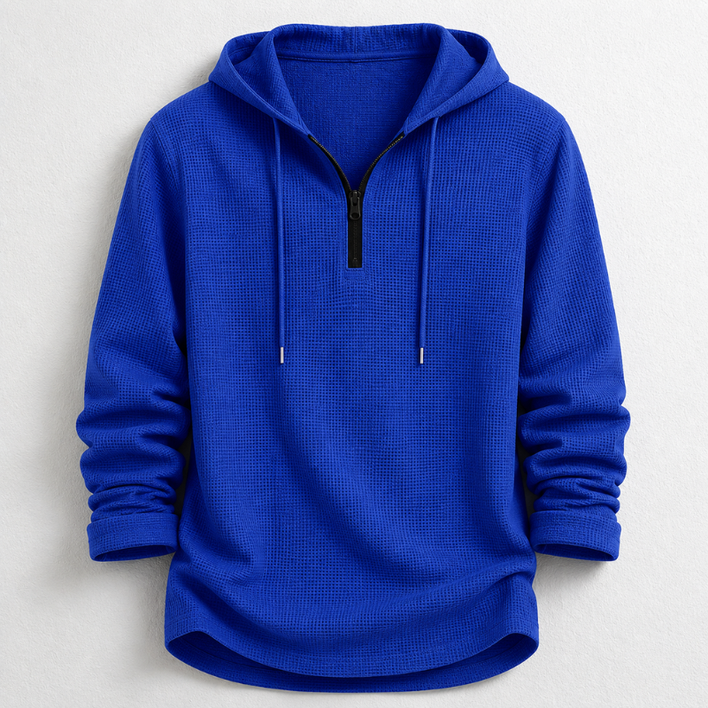Stylish men's quarter zip waffle knit hooded henley. Long sleeve, comfortable casual wear.