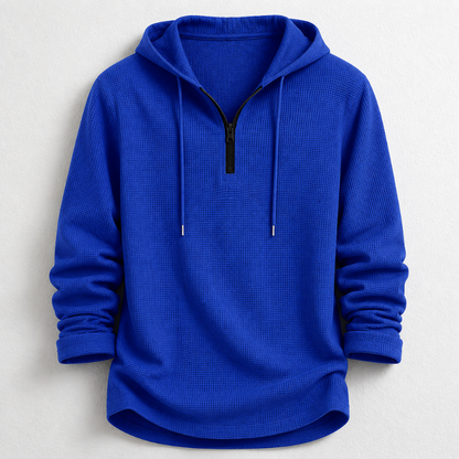Stylish men's quarter zip waffle knit hooded henley. Long sleeve, comfortable casual wear.