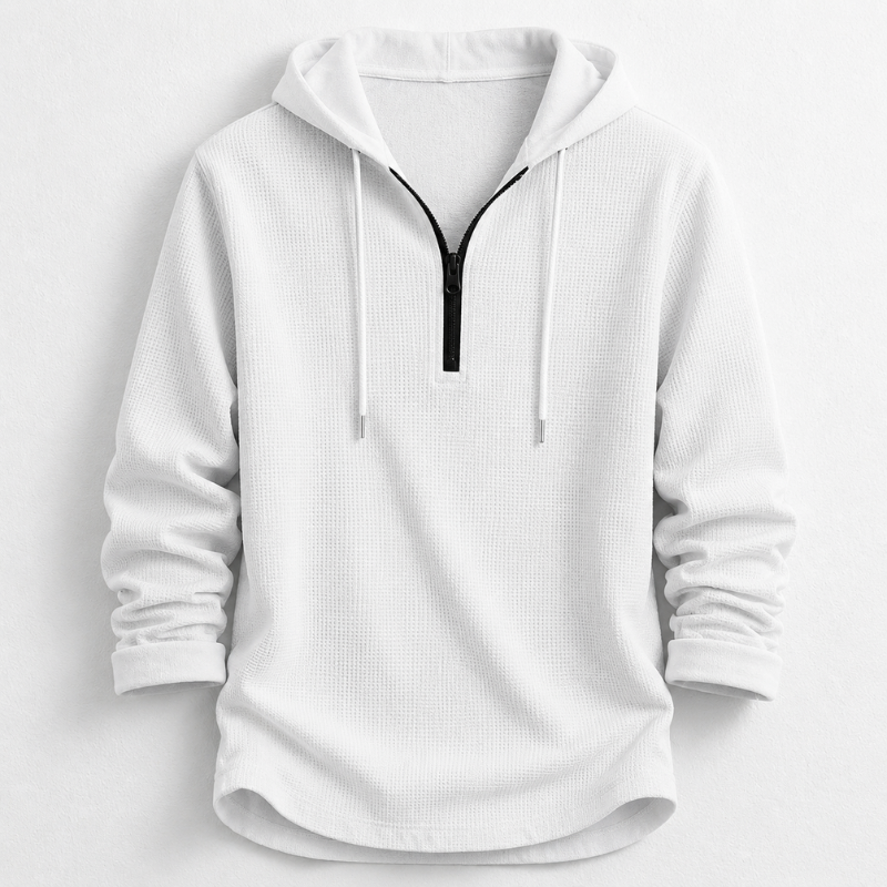Front view of men's long sleeve waffle knit hooded henley shirt, quarter zip design. Casual & breathable.