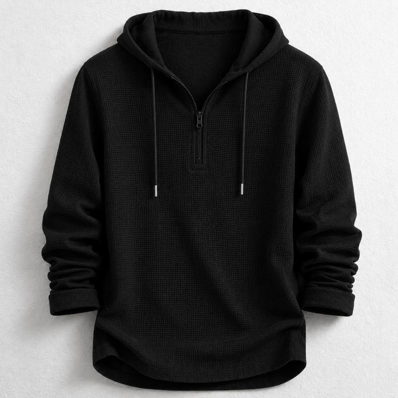 Comfort fit men's waffle knit hooded henley. Quarter zip, long sleeve, ideal for everyday casual wear.