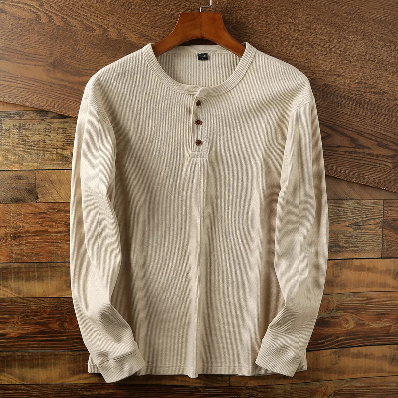Versatile men's waffle knit long sleeve shirt, great for layering or as a casual everyday style top.