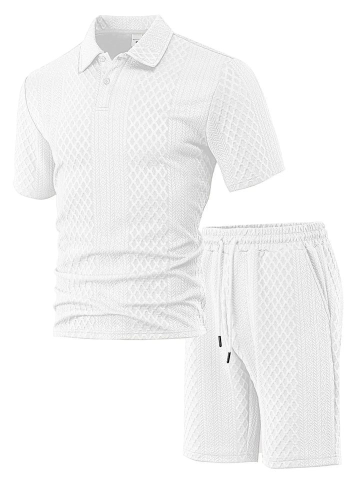 Men's waffle knit polo shirt & shorts set. Comfortable two-piece casual summer outfit for men.